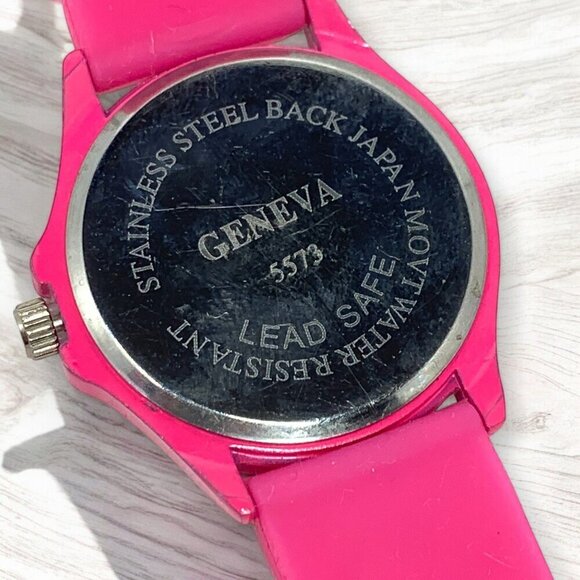 Geneva Pink Silicone Strap Watch With Rhinestone Bezel & Stainless Steel Back - Picture 3 of 5